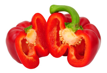 Fresh halved sweet red bell pepper isolated on a white background