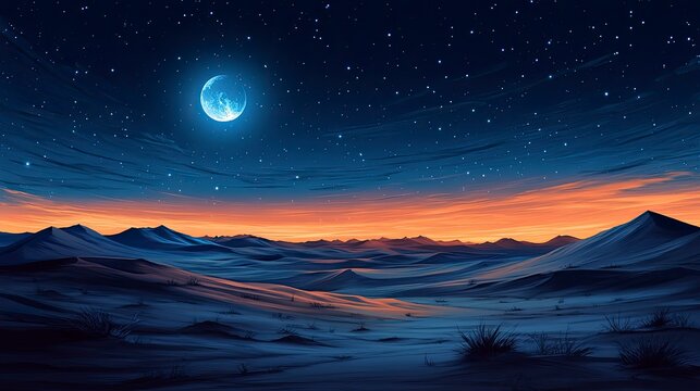 Moonlit desert scene with shifting sand dunes, stars creating trails in night sky - Powered by Adobe