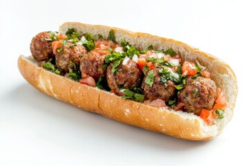 Delicious meatball sub sandwich with fresh toppings on a bright white table ready to eat
