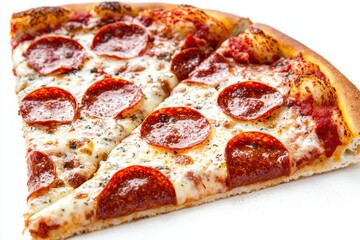 Sliced pepperoni pizza with melted cheese and crust on a white background studio shot macro detail appetizing food