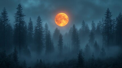 Moon rising through misty redwood forest, fog creating ethereal atmosphere