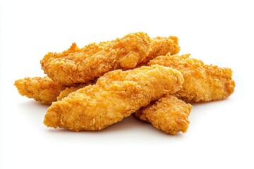 Golden fried chicken strips served on a pristine white surface capture taste appeal classic crispy texture