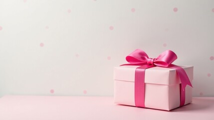 A delicately wrapped pink present with a vibrant ribbon, sitting on a pastel surface against a subtly speckled backdrop