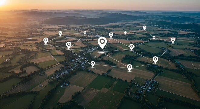 Aerial view of land with network markers representing land development planning and connectivity. background