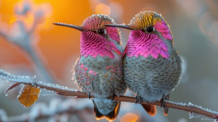 Two hummingbirds perched on a frosty branch at sunrise, showcasing vibrant pink and gray plumage.