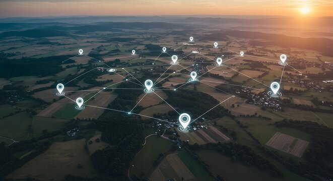 Aerial view of land with network markers representing land development planning and connectivity. background