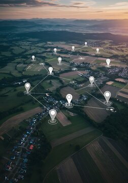 Aerial view of land with network markers representing land development planning and connectivity. background, wallpaper, economic