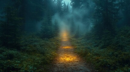 Obraz premium Lunar light illuminating misty forest path, creating mysterious atmosphere