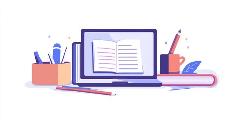 Flat design of laptop with open book, pens, and cup