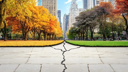 Autumn, summer, city park split.