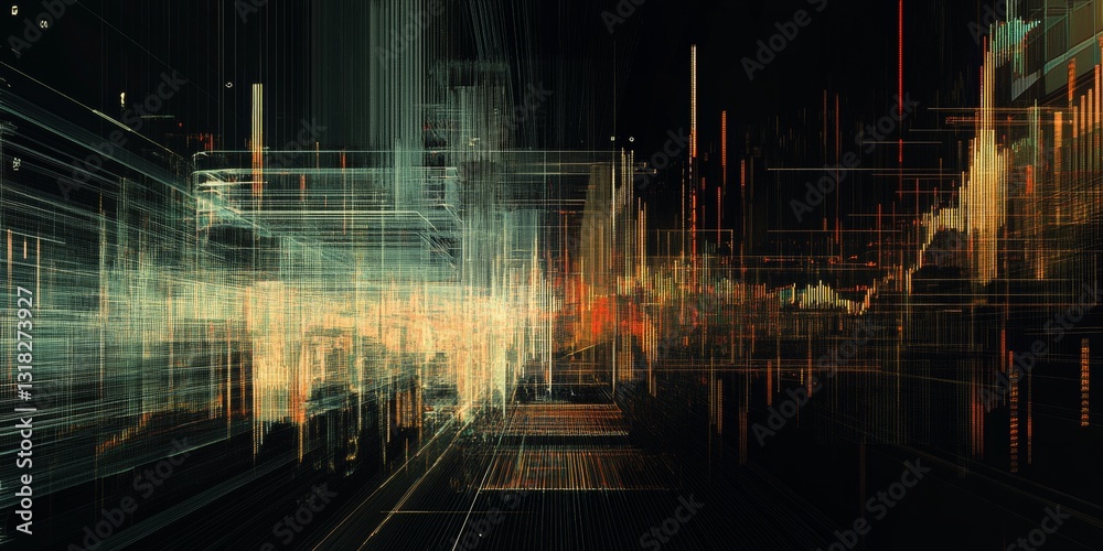 Poster abstract digital visualization of dynamic lights and colorful patterns in futuristic cityscape