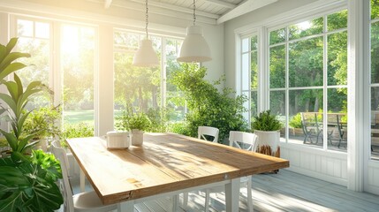 Airy, modern Scandinavian dining area with an elegant wooden table, chic chairs, and a stylish pendant lamp.