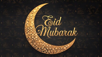 Luxurious Eid Mubarak greeting design with a golden crescent moon, intricate Arabic patterns, and elegant calligraphy on a dark background, perfect for Islamic festival celebrations.