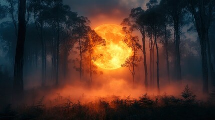 Fototapeta premium Lunar light through morning mist, creating ethereal forest scene