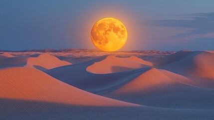 Moon setting behind desert dunes, creating flowing shadow lines
