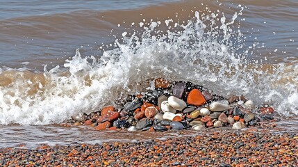 Ocean wave splashing over colorful pebbles.