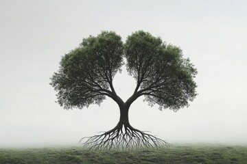 A striking image of a majestic tree featuring extensive roots, set against a misty background. This serene landscape embodies growth and tranquility in nature.