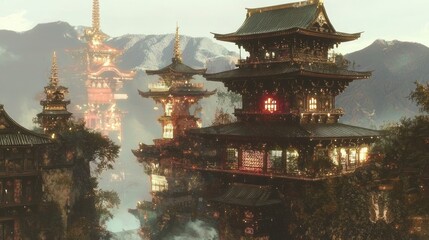 Majestic Double Tiered Tower Amidst A Serene Landscape