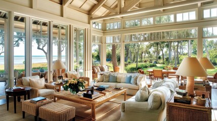 Fototapeta premium Coastal-style modern living room with a soft color palette, large windows, and rattan furniture.