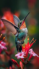 Obraz premium Hummingbird in flight, hovering near vibrant flowers. A burst of color and motion captured in nature.