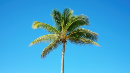 Tall green palm tree with lush leaves against a clear blue sky. A tropical and exotic nature concept symbolizing relaxation and summer vacations