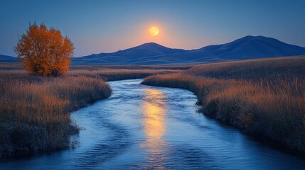 Fototapeta premium Lunar light on mountain stream, long exposure creating silky water