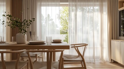 Cozy Scandinavian dining area with natural wood furniture, soft linen curtains, and warm neutral colors for an inviting atmosphere.