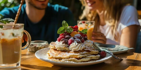 A couple enjoying fluffy pancakes with toppings from a street food cart