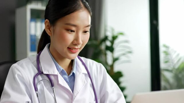 Young Asian Female Doctor in a White Coat Consulting Online in a Bright Medical Office with Greenery in the Background, Demonstrating Telemedicine Practices