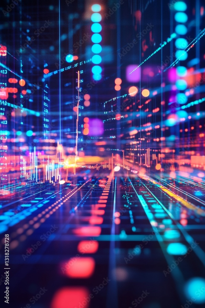 Poster abstract digital network visualization with colorful lights and geometric patterns in cyber environm