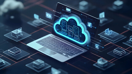 Futuristic Cloud Computing Concept Depicted On Laptop With Blue Glowing Data Network Connections In Abstract Digital Environment Optimized For Adobe
