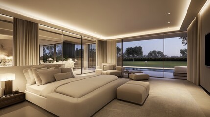 Elegant, modern minimalist bedroom with large windows, neutral decor, and a peaceful ambiance.