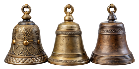 Vintage Decorative Bells Collection – Antique Metal Ornaments on Transparent Background .Set of 3 Vintage Decorative Bells – Classic Antique Metal Collection.AI Generated