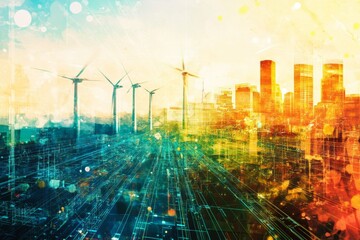 Obraz premium Vibrant Cityscape with Wind Turbines and Abstract Energy Background