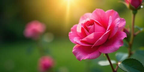 Obraz premium A vibrant pink rose blossom bathed in the golden sunlight, showcasing its delicate petals and morning dew, surrounded by a softly blurred green garden background