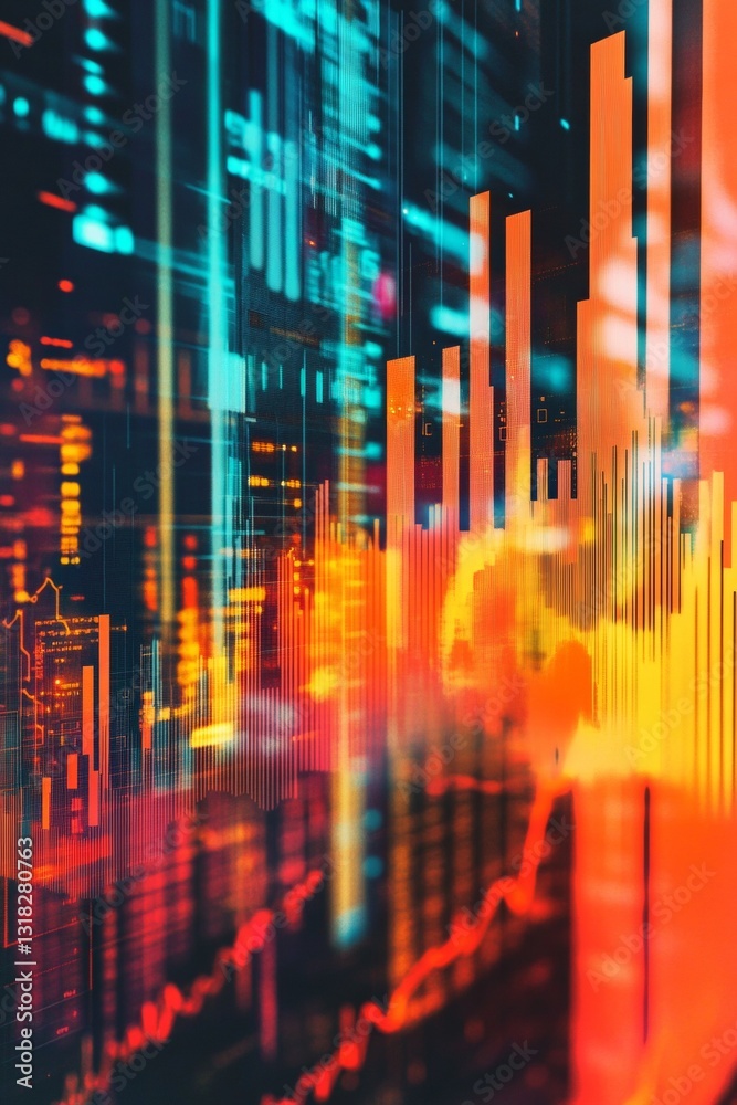 Poster abstract digital data visualization with vibrant light and colorful graphs in financial context