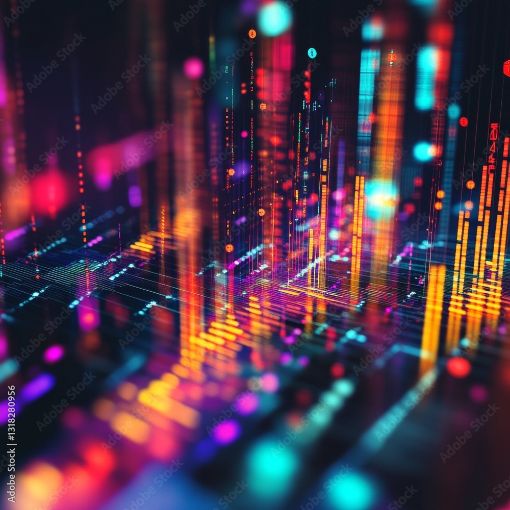 Poster colorful abstract digital data visualization with vibrant light patterns and dynamic motion