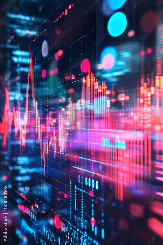 Poster dynamic abstract data visualization with colorful lights and patterns representing financial metrics