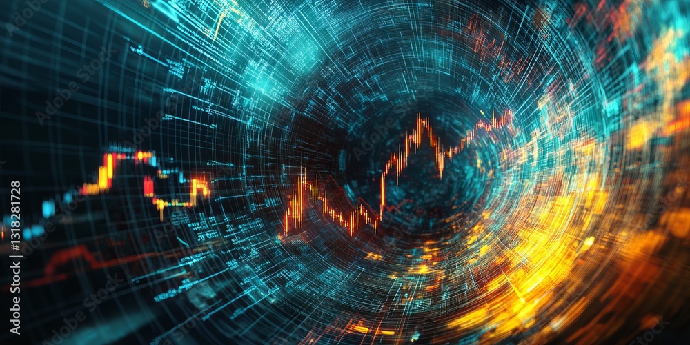 Poster vibrant and dynamic abstract visualization of financial data showcasing colorful graphs and charts. 