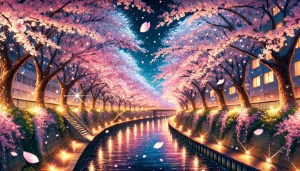 Fototapeta premium 夜の川沿いの桜並木(アニメ映画風