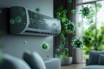 Air conditioner unit on a wall with green viruses floating in the air.  Living room setting visible in background