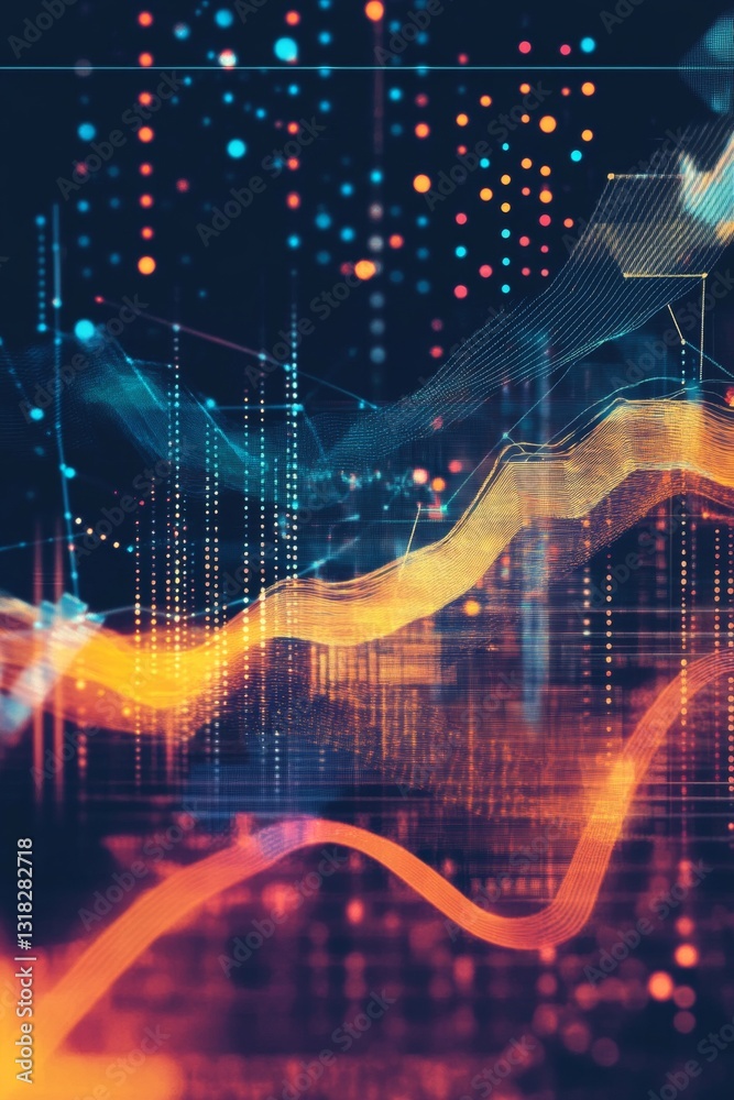 Poster abstract digital visualization with vibrant colors and flowing patterns representing data trends