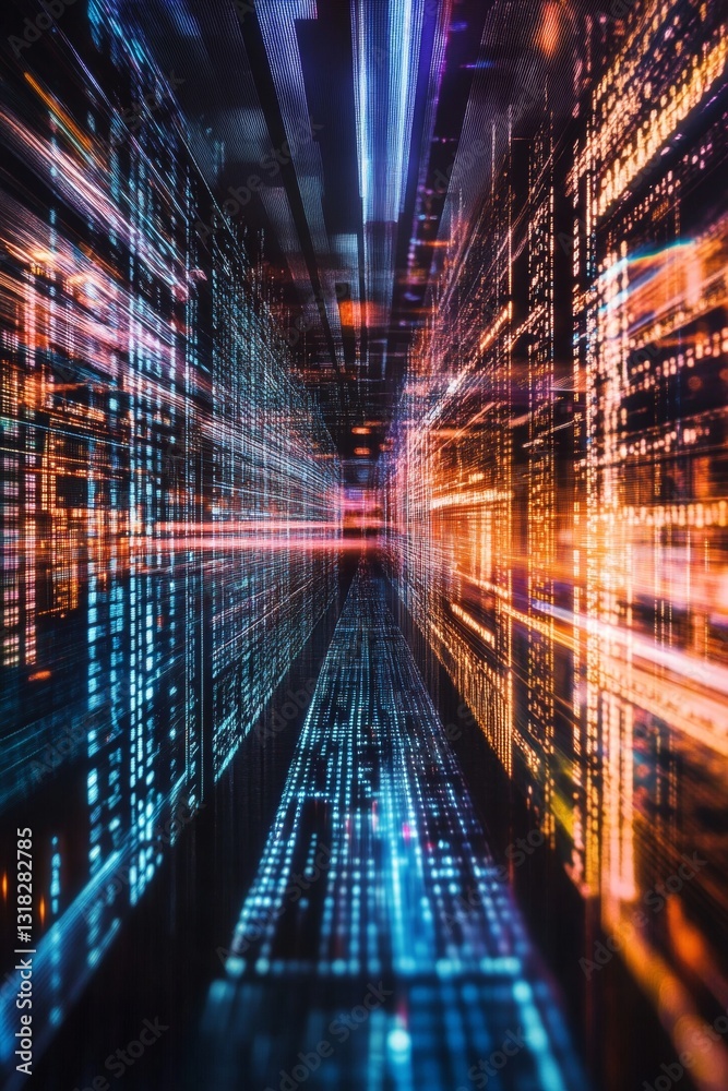 Poster dynamic abstract digital visual representation of colorful neon lights and data streams