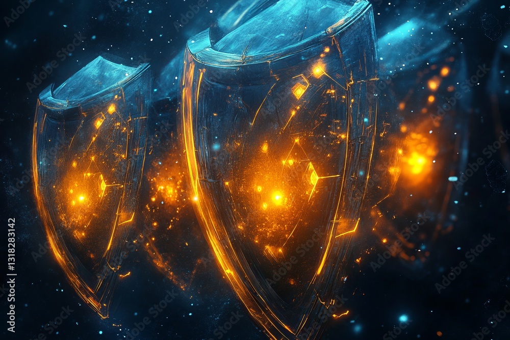 Wall mural this dynamic image showcases futuristic shields emitting a vibrant glow in a cosmic setting. the com