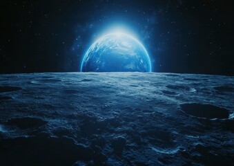 Earthrise from lunar surface, blue planet.