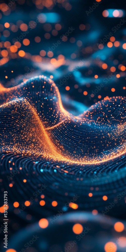 Canvas Prints abstract digital wave surface with glowing orange particles and blue textures in motion
