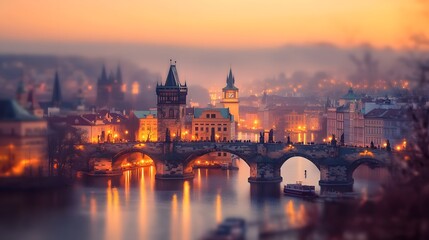 Obraz premium A Stone Bridge Spanning A River At Dusk With City Lights