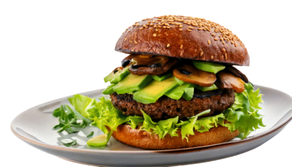 Delicious gourmet burger with fresh vegetables and a sesame seed bun, perfect for food lovers and culinary enthusiasts.