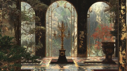 Elegant Ebony Lacquer Candelabra in Ornate Interior Setting