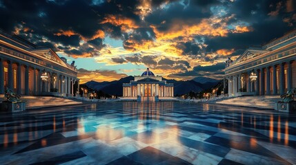 Majestic Sunset Over Grand Classical Architecture and Reflections